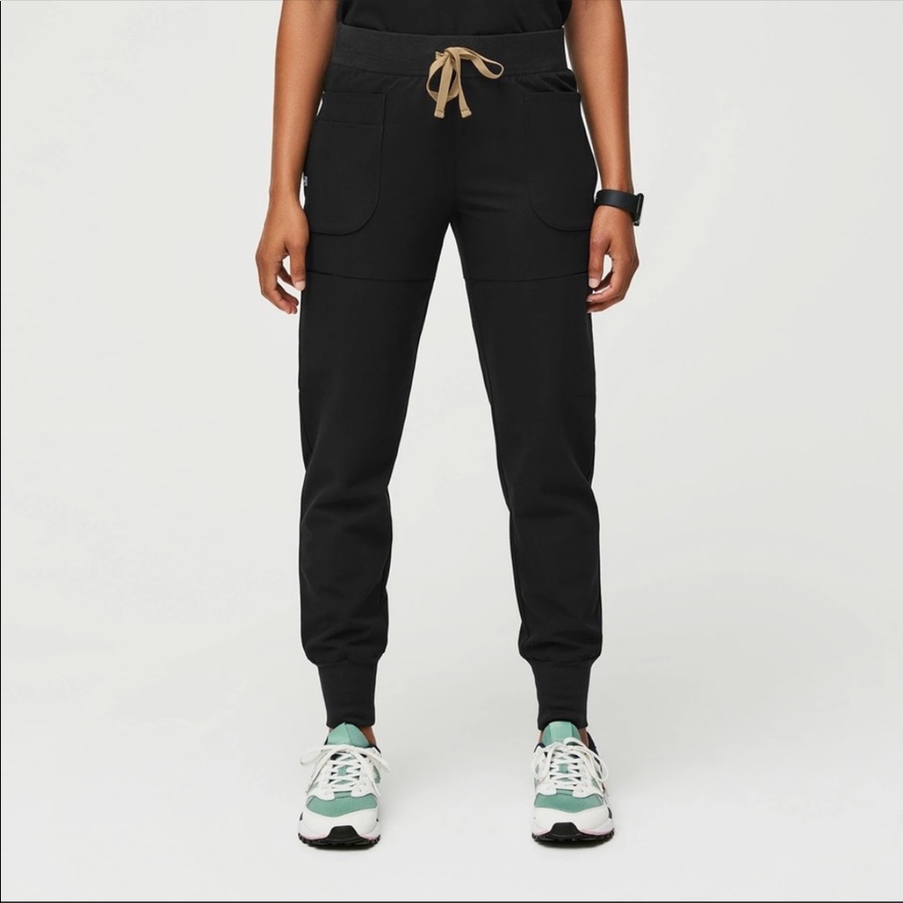 Figs Black Nepal Jogger Scrub Pants with Tan Drawstring Medium Tall